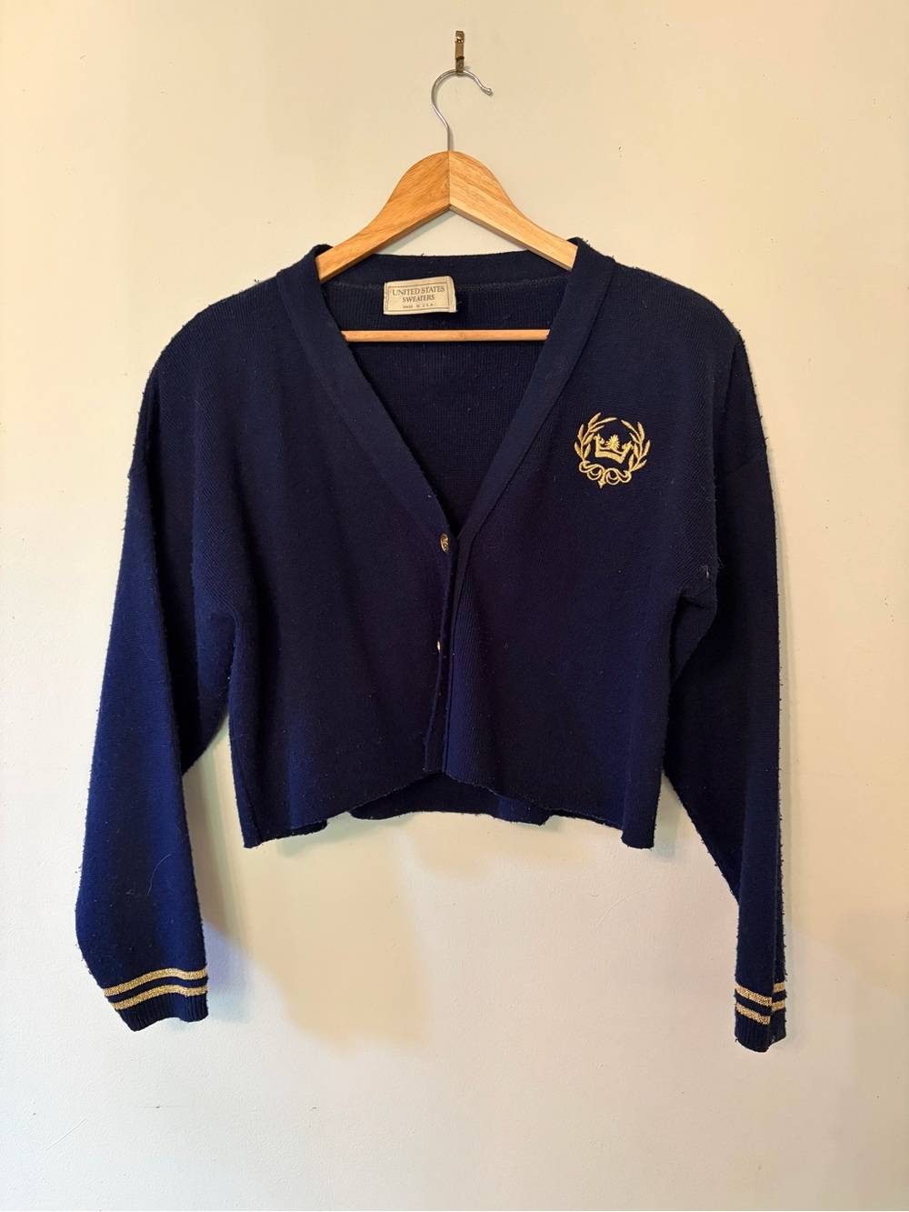 Navy Preppy Vintage Cardigan with Gold Crest